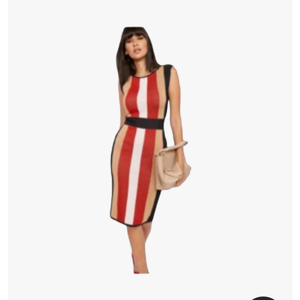 New York & Company Black, Red, Gold Striped Maxi Dress